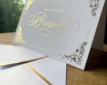 Tarjeta de felicitación para pedirle a alguien que sea mi dama de honor, blanca con detalles dorados / ¿Quieres ser mi dama de honor?