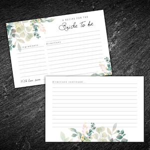 Recipe card for Bridal shower with greenery eucalyptus and blush pink floral. Bridal shower recipe insert. Elegant bridal shower recipe card
