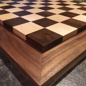 Raised Peruvian Walnut and Maple Chess Board w/ Walnut Border