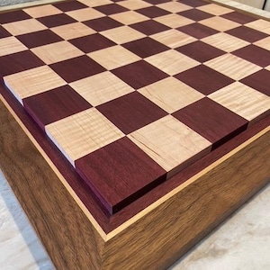 Raised Purple Heart and Curly Maple Chess Board w/ Multi-Wood Border