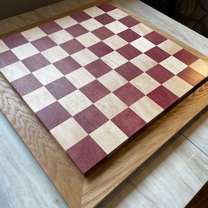 Raised Purple Heart and Maple Chess Board w/ White Oak Border