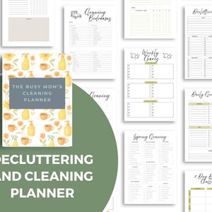 May include: A planner titled "The Busy Mom's Cleaning Planner" with a floral design, surrounded by various cleaning and decluttering checklists. The text "Decluttering and Cleaning Planner" is at the bottom.
