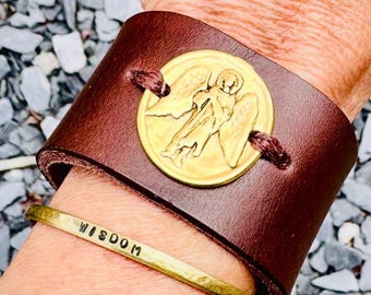 Gold Angel Medallion Leather Cuff Bracelet//Adjustable