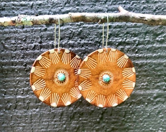 Leather earrings/Round dangle earrings/Turquoise accent