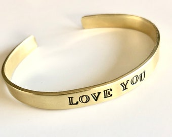 Hand Stamped Brass Cuff Bracelet: Customizable Word, Stacking Bangle