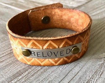 Hand Tooled Leather Cuff: "BELOVED" Stamped Bracelet