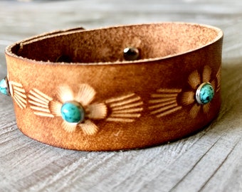 Hand Tooled Leather Cuff Bracelet: Turquoise Rivets, Adjustable Boho Style