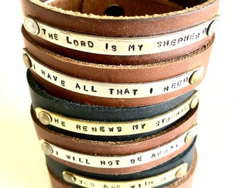 Psalm 23 Leather Cuff Bracelet: Adjustable Faith Jewelry