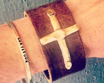 Hammered Gold Cross Leather Cuff Bracelet//Adjustable