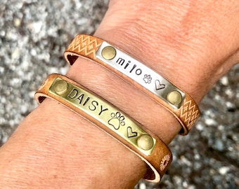 Personalized Pet Name Leather Bracelet: Memorial Fur Baby Cuff