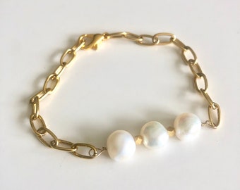 Pearl & Gold Paperclip Chain Bracelet: Bridal Stacking Jewelry