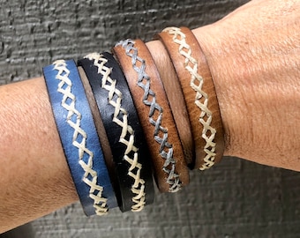 Hand Stitched Leather Cuff Bracelet: Adjustable Unisex Wristband