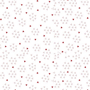May include: A white background with a repeating pattern of small red dots and red triangles.