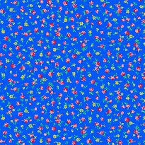 May include: A vibrant blue fabric with a repeating pattern of small red and pink flowers and green leaves. The floral design is scattered across the surface, creating a lively and colorful textile.