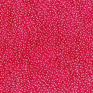 May include: A red fabric with a white polka dot pattern. The dots are small and densely packed, creating a speckled effect.