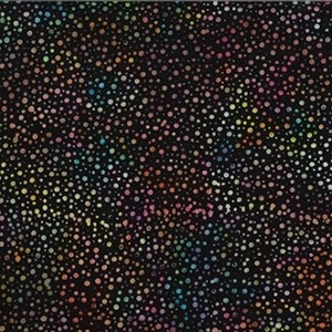 May include: A black background with a scattered pattern of small, colorful dots. The dots are various shades of pink, blue, green, yellow, and orange.