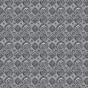 May include: Black and white patterned fabric featuring a repeating design of concentric circles, diamonds, and small dots. The design is evenly spaced across the fabric, creating a visually balanced and geometric pattern. The fabric is likely used for sewing or crafting projects.