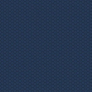 May include: A dark blue fabric with a repeating pattern of small, light blue circles.