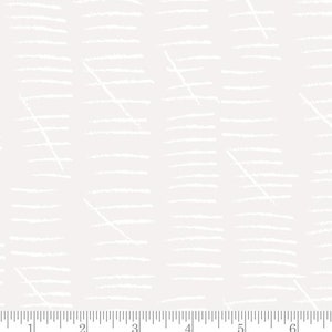 May include: White fabric with a repeating pattern of thin white lines and diagonal lines on a light gray background. The fabric is marked with a ruler in inches and the words "moda" and "www.modafabrics.com".