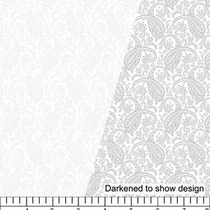 May include: White-on-white paisley fabric. The design is shown darkened to highlight the pattern. The fabric has a repeating pattern of paisley shapes. The text "Fabric is White-on-White" and "Darkened to show design" are visible.