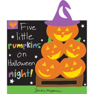 May include: A Halloween-themed illustration featuring five orange pumpkins stacked on a wooden base, topped with a purple witch hat. The text reads "Five little pumpkins on Halloween night!" with star accents.
