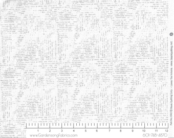 May include: White fabric with a repeating pattern of gray text. The fabric has a ruler with inches marked along the bottom. The text on the ruler reads "GardensongFabrics.com" and "601-748-4870".
