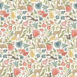 May include: A repeating pattern featuring woodland creatures and floral elements. The design includes deer, foxes, squirrels, rabbits, and birds, along with stylized flowers and leaves in shades of brown, pink, blue, and green on a cream background.