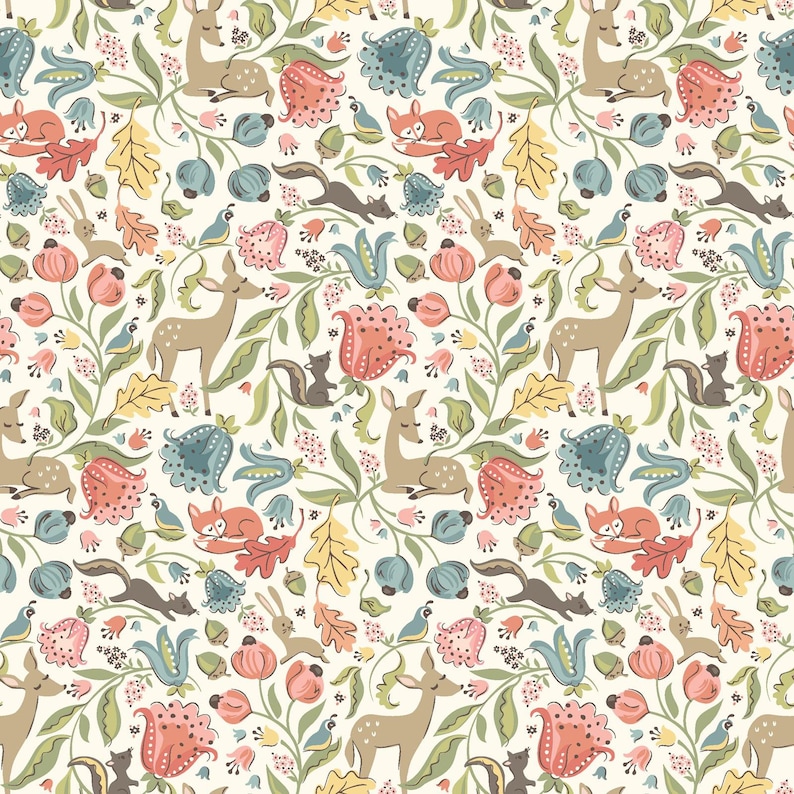 May include: A repeating pattern featuring woodland creatures and floral elements. The design includes deer, foxes, squirrels, rabbits, and birds, along with stylized flowers and leaves in shades of brown, pink, blue, and green on a cream background.