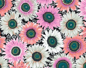 May include: A fabric print featuring a dense pattern of sunflowers in shades of pink, coral, and white with dark teal centres against a black background with small white floral accents, shown with a ruler measuring up to 60 cm at the bottom.