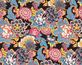 May include: A seamless pattern featuring a variety of colourful flowers and leaves on a black background. The flowers are in shades of pink, blue, yellow, and white, and the leaves are in shades of green and blue.