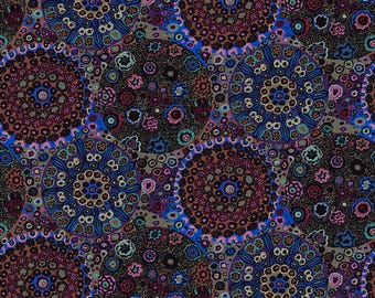 May include: A colorful fabric with a repeating pattern of blue, purple, brown, and gold circles with intricate designs. The circles are surrounded by smaller, colorful dots and flowers.