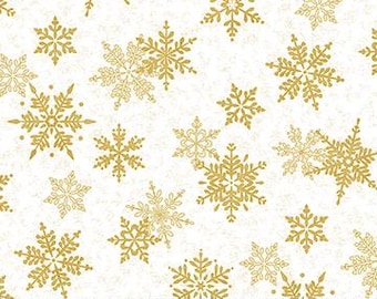 BOLT END 20inches Shimmer Frost Large Snowflakes White/Gold Metallic 24195M-10 Northcott 100% Cotton Quilting Fabric