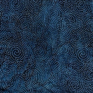May include: A dark blue fabric with a white polka dot pattern. The dots are arranged in a swirling pattern, creating a sense of movement.