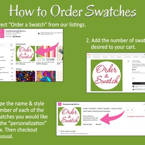 May include: A green graphic with instructions on how to order fabric swatches. The text reads "How to Order Swatches" and includes steps to select, add to cart, and personalize your order. The image includes Etsy shop screenshots.