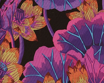 May include: A black background with a vibrant floral pattern featuring pink, purple, and orange flowers. The flowers have a stylized, almost geometric design.