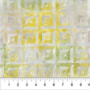 May include: Abstract geometric pattern fabric in shades of green, yellow, and white. The pattern features a repeating design of squares and triangles.
