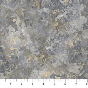 May include: Abstract fabric with a gray and gold color scheme. The fabric has a textured, brushstroke-like pattern.