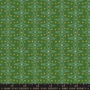 May include: Green fabric with a repeating pattern of interconnected teal lines, white starbursts, and gold dots. The bottom of the fabric has the text "RUBY STAR SOCIETY".