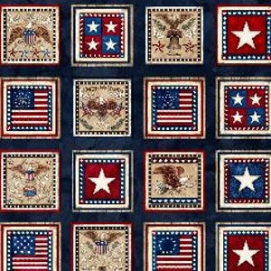 May include: A repeating pattern of patriotic squares featuring American flags, stars, and eagle designs. The squares are framed with red, white, and blue borders on a dark blue background. The fabric design is suitable for quilting or crafting.