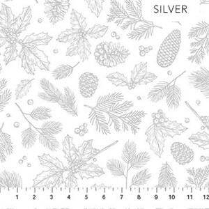 May include: A white fabric with a silver pattern of pine branches, holly leaves, berries, and pine cones.