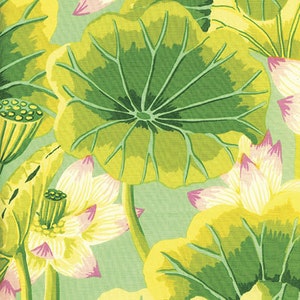 May include: A green background with a pattern of yellow and green lotus leaves and pink lotus flowers.
