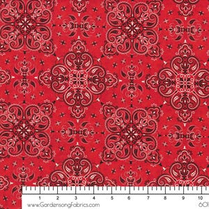 Quilting Treasures 29849R Cowboy up Bandana Red. Priced by the