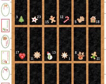 May include: A black Christmas advent calendar fabric panel with gingerbread-style letters that spell "MERRY CHRISTMAS". The panel has 24 numbered pockets with festive images like gingerbread men, stars, and trees. Panel size: 24" x 43".