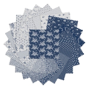 May include: A circular arrangement of fabric swatches in shades of blue and white. Each piece features a different floral or geometric pattern. The edges of the swatches are scalloped, creating a decorative border. The overall design is reminiscent of a quilt.