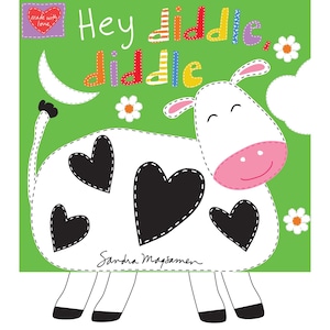 May include: A white cow with black hearts on its body, smiling and looking to the right. The cow is on a green background with a crescent moon and flowers. The text "Hey diddle diddle" is written in colorful letters above the cow.