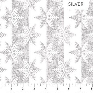 May include: White fabric with a silver snowflake pattern and vertical stripes. The fabric has a subtle glitter finish.