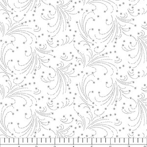 May include: White fabric with a repeating pattern of swirling lines and small star-like shapes in black. The design is reminiscent of a delicate, hand-drawn illustration. A ruler is at the bottom of the image, with the website www.GardensongFabrics.com and a phone number.