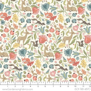 May include: A cream-colored fabric featuring a repeating pattern of woodland creatures and floral elements. The design includes deer, foxes, squirrels, rabbits, and birds, along with stylized flowers and leaves. The fabric has a whimsical, illustrated style.