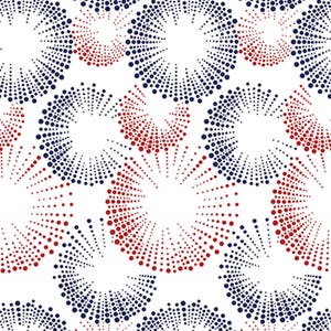 May include: A repeating pattern of stylized circular bursts. Each burst is composed of small dots in navy blue and red, radiating outwards from a central white space. The design is set against a clean white background.