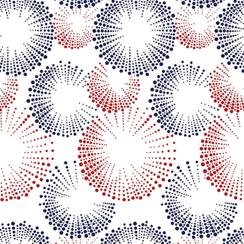 May include: A repeating pattern of stylized circular bursts. Each burst is composed of small dots in navy blue and red, radiating outwards from a central white space. The design is set against a clean white background.